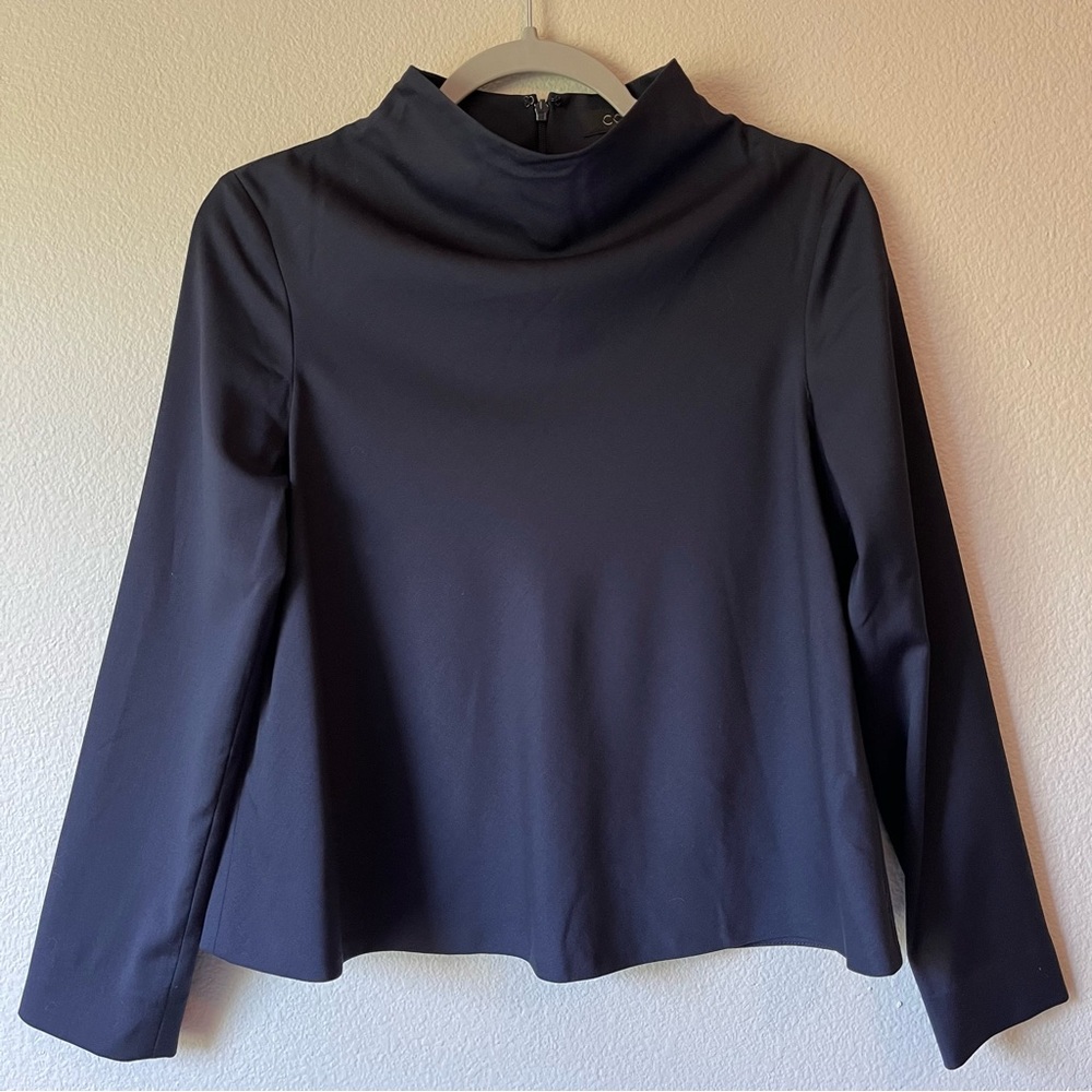 COS Navy Mock Neck 100% Wool Blouse